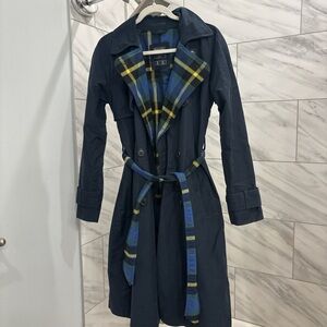 Abercrombie & Fitch Dark Blue Trench Coat with Plaid Accents